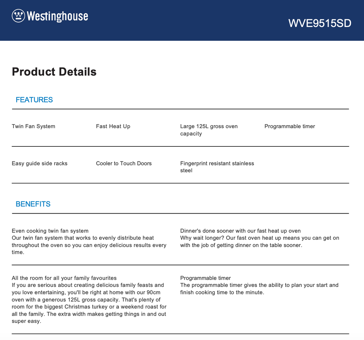Westinghouse WVE9515SD 90cm Electric Built-In Oven - Westinghouse Factory Seconds