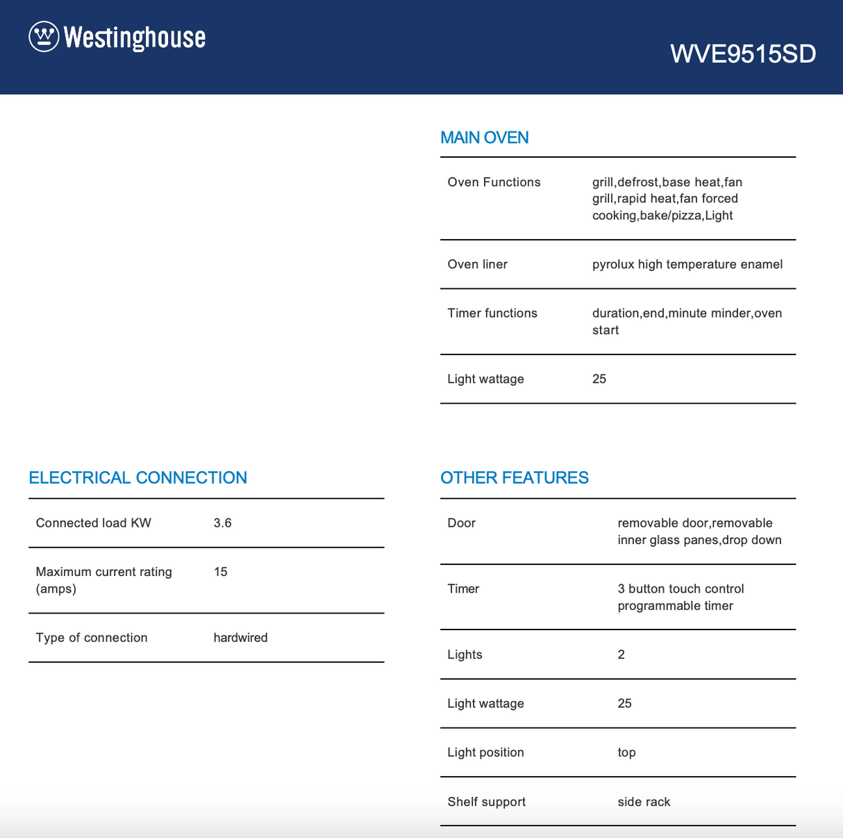 Westinghouse WVE9515SD 90cm Electric Built-In Oven - Westinghouse Factory Seconds