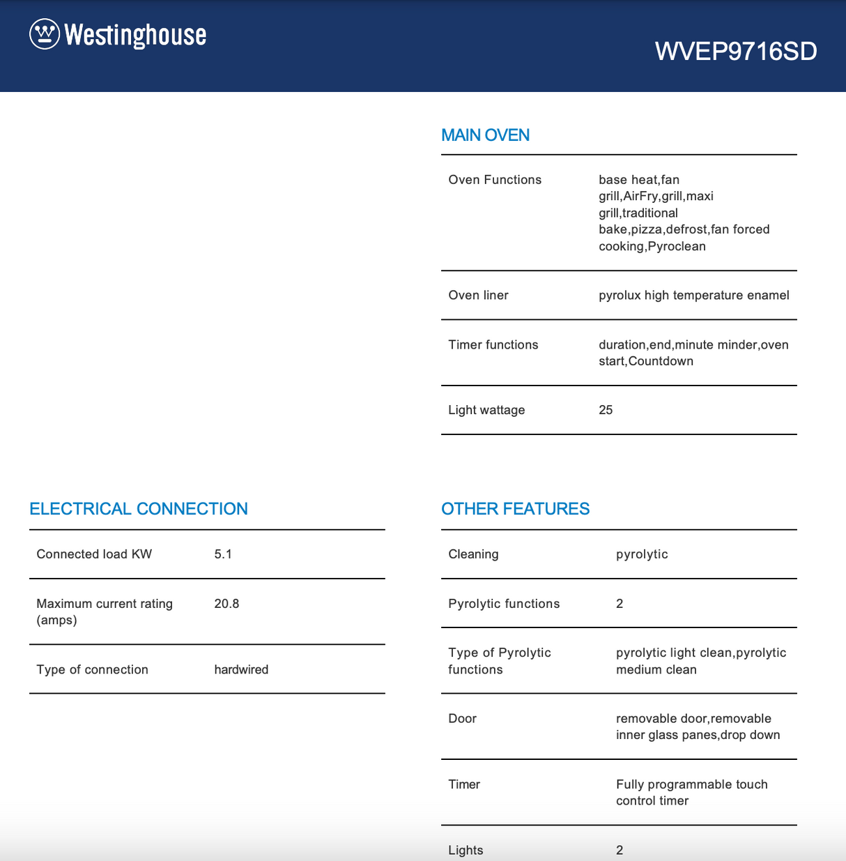 Westinghouse WVEP9716SD 90cm Stainless Steel Pyrolytic Electric Built-In Oven - Westinghouse Factory Seconds