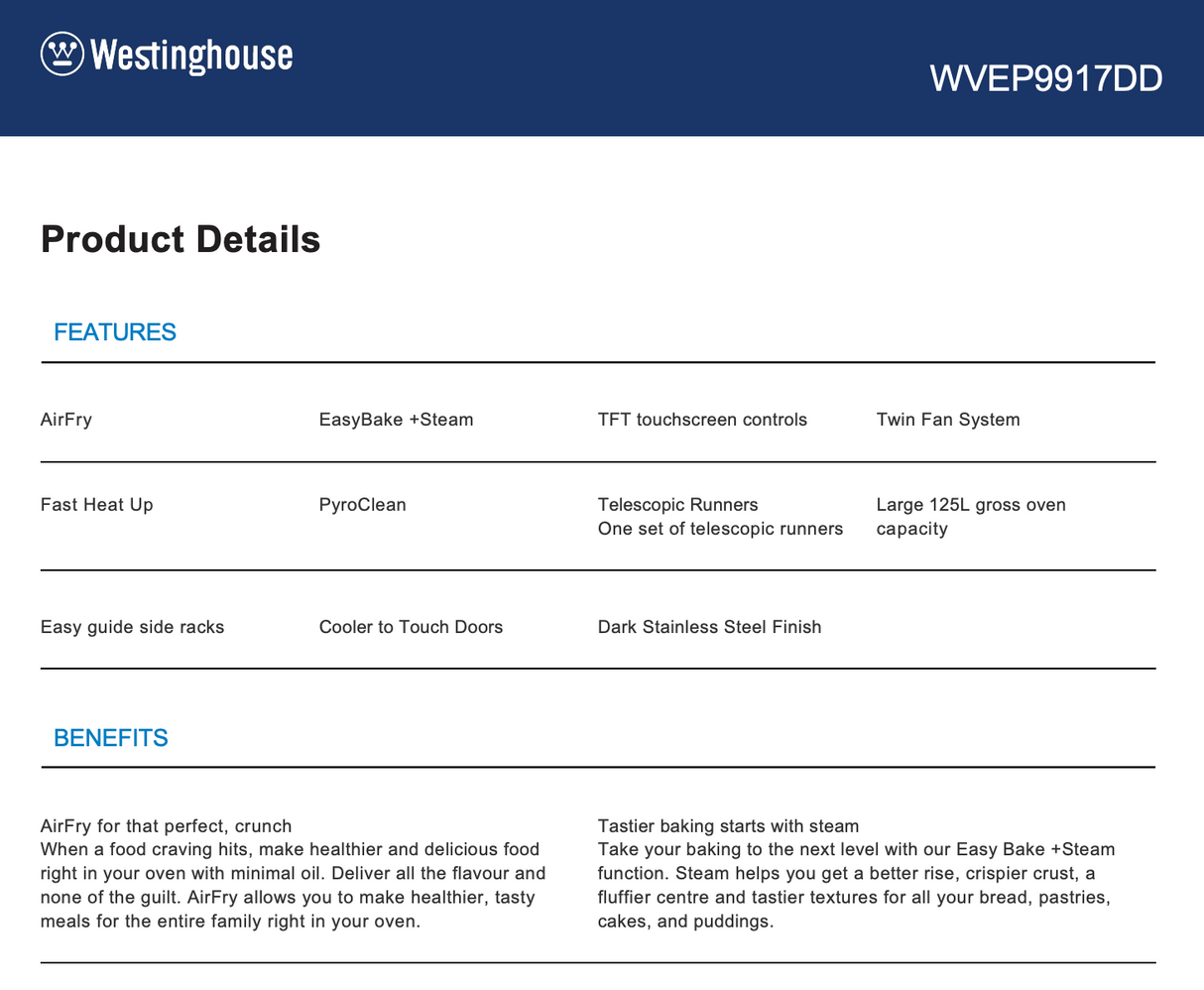 Westinghouse WVEP9917DD 90cm Pyrolytic Electric Built-In Oven - Factory Seconds Discount