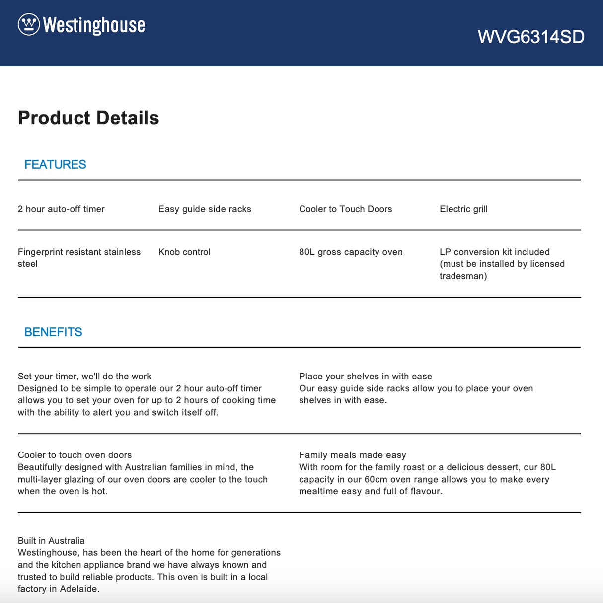Westinghouse WVG6314SD 60cm Stainless Steel Gas Oven - Westinghouse Factory Seconds