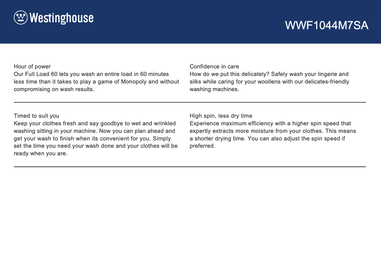 Westinghouse WWF1044M7SA 10kg Dark Onyx EasyCare 700 Front Load Washing Machine - Factory Seconds