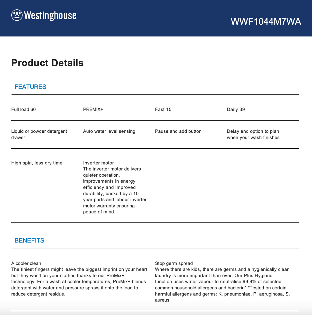 Westinghouse WWF1044M7WA 10kg White EasyCare 700 Front Load Washing Machine - Westinghouse Factory Seconds