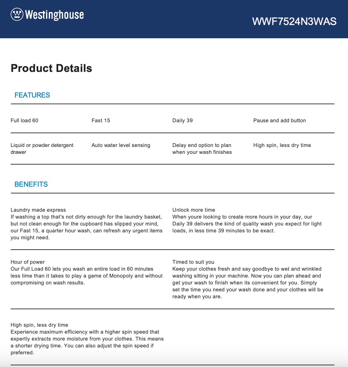Westinghouse WWF7524N3WAS EasyCare 300 7.5kg Front Load Washing Machine - Westinghouse Factory Seconds