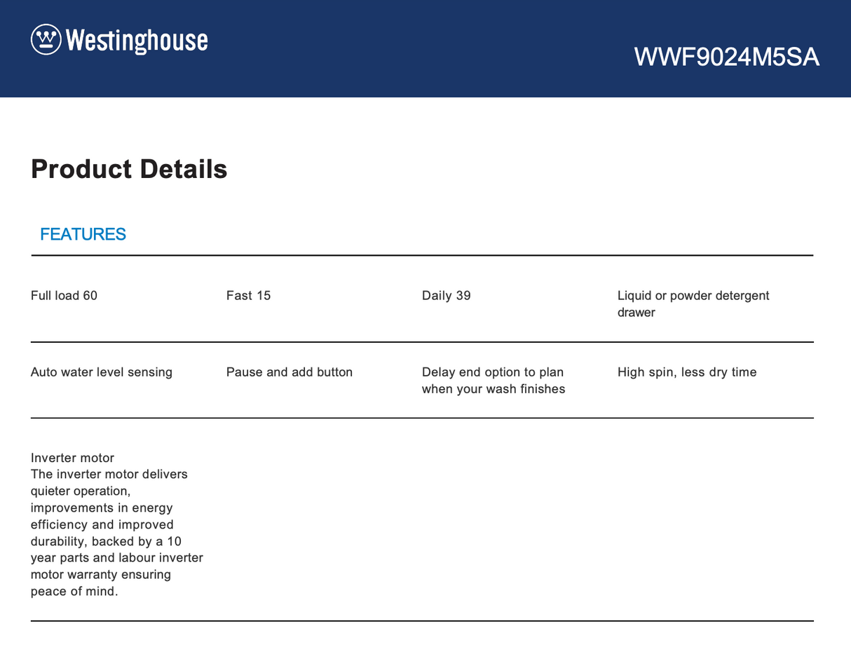 Westinghouse WWF9024M5SA 9kg Dark Onyx Front Load Washing Machine - Westinghouse Factory Seconds