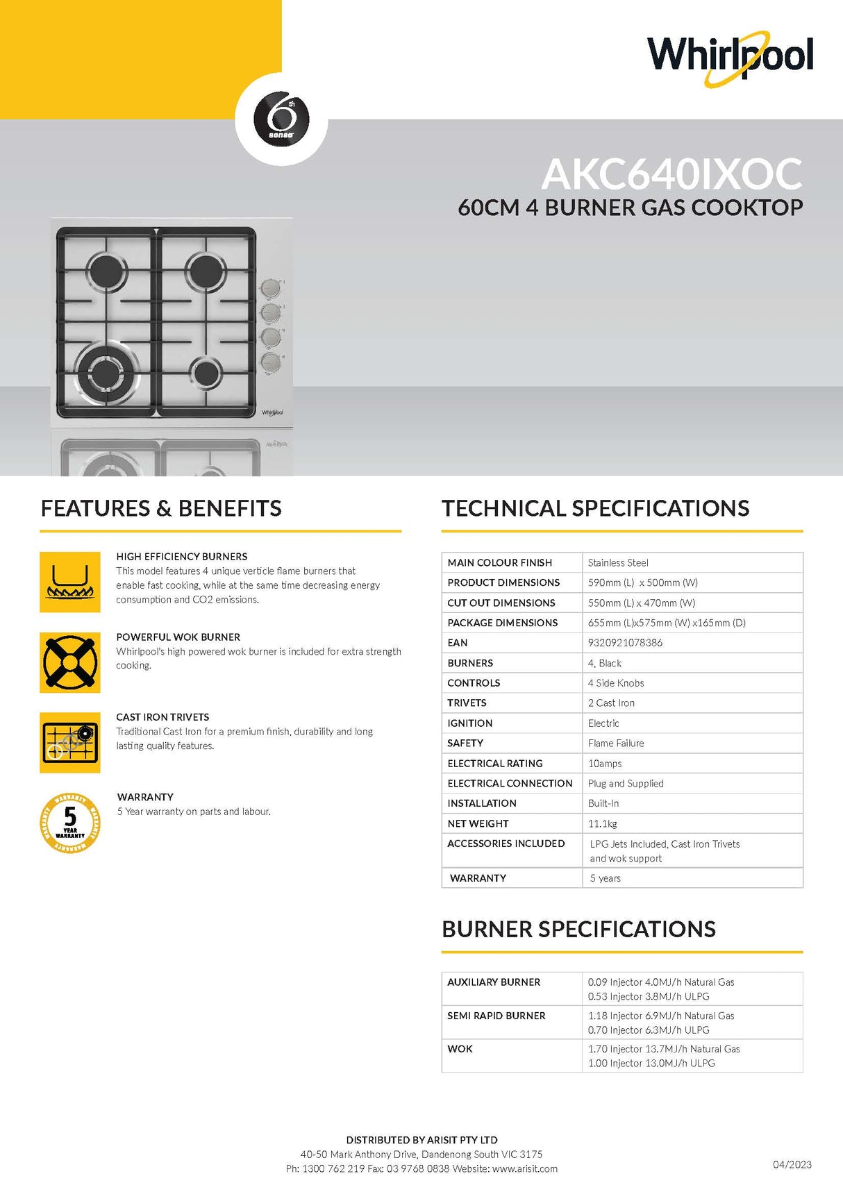Whirlpool AKC640IXOC 60cm 4 Burner Gas Cooktop In Stainless Steel