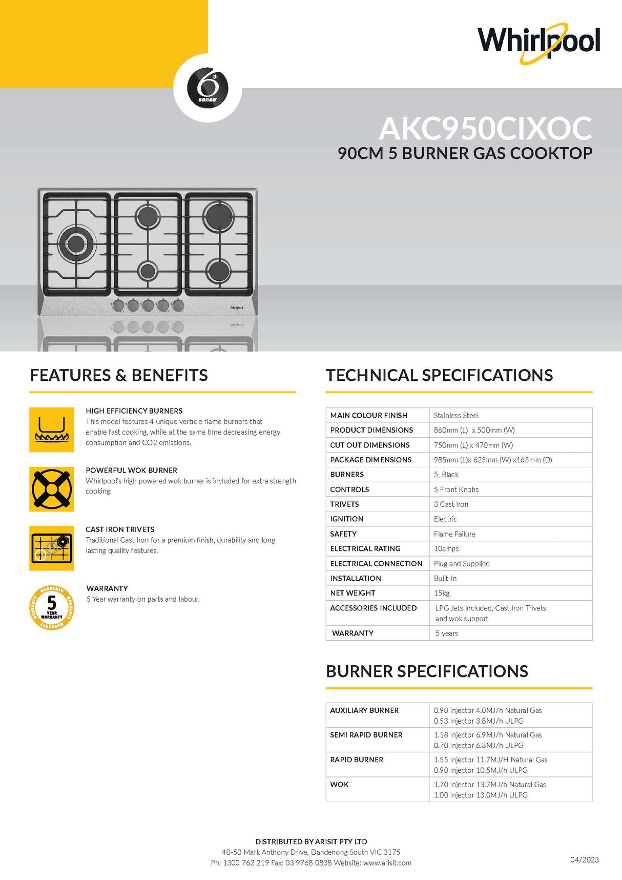 Whirlpool AKC950CIXOC 90cm 5 Burner Gas Cooktop in Stainless Steel