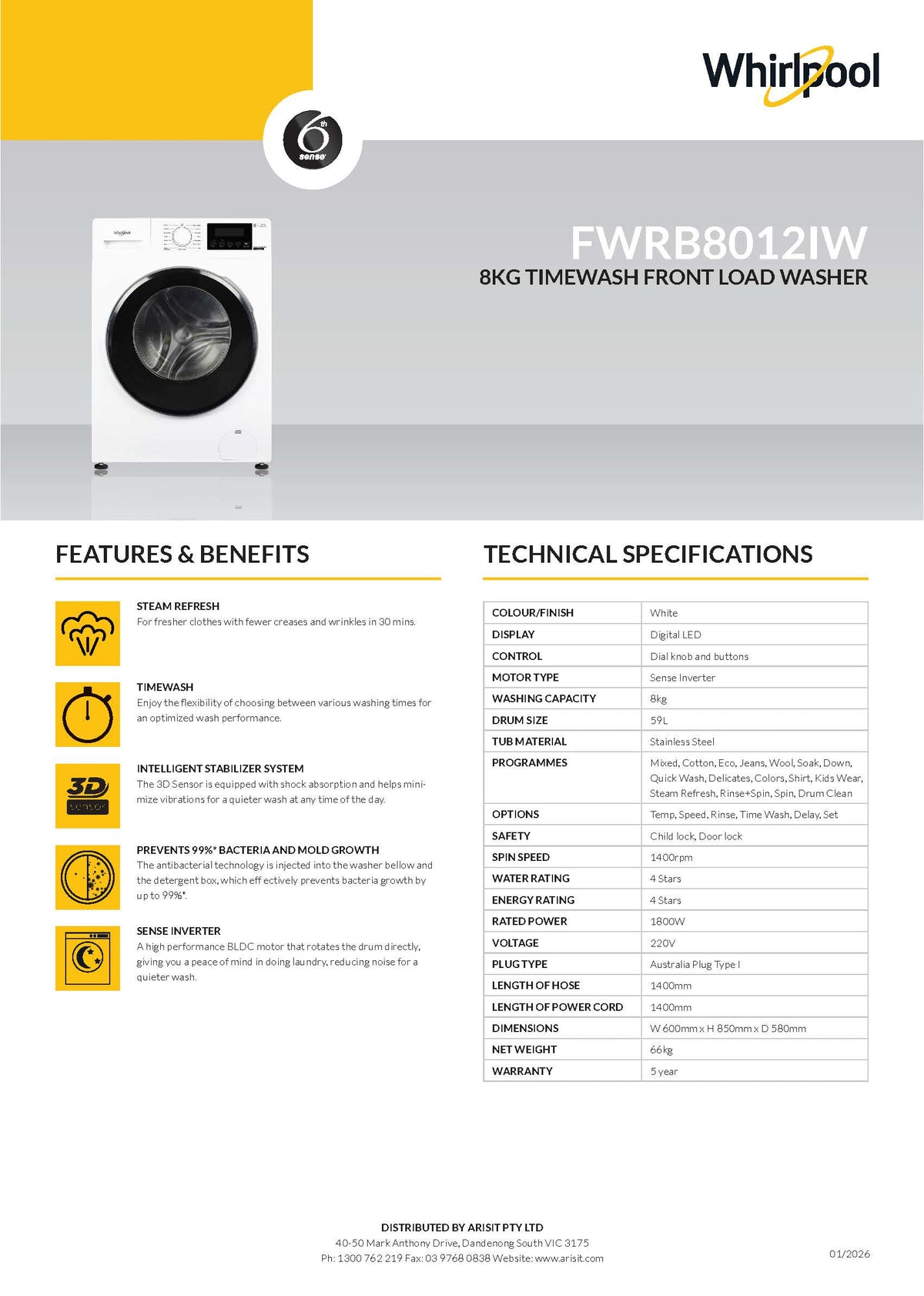 Whirlpool FWRB8012IW 8kg Front Load Washing Machine - Ex Demo