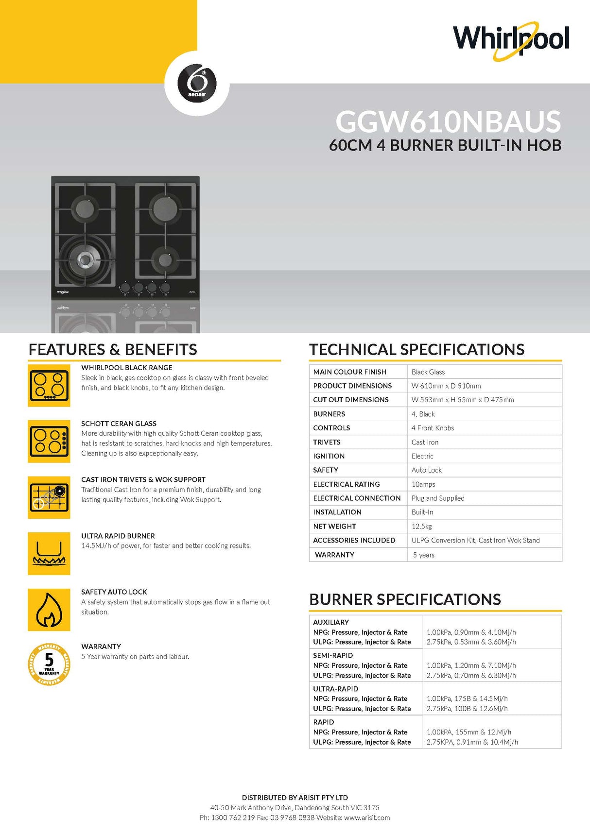 Whirlpool GGW610NBAUS 60cm 4 Burner Gas Cooktop In Black Glass