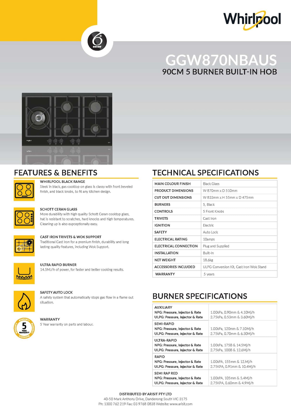 Whirlpool GGW870NBAUS 90cm 5 Burner Gas Cooktop In Black Glass