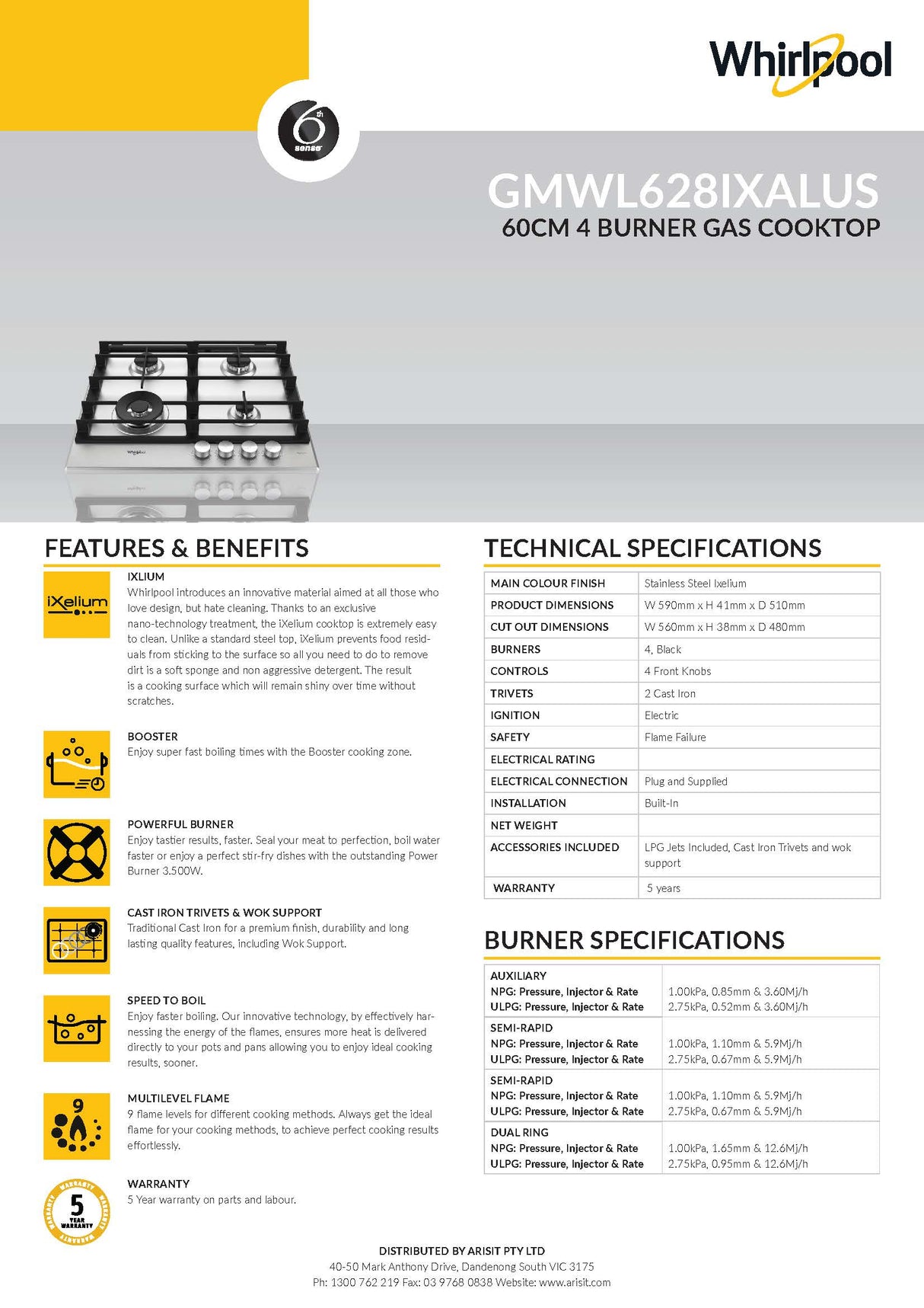 Whirlpool GMWL628IXLAUS 60cm 4 Burner Gas Cooktop In Stainless Steel