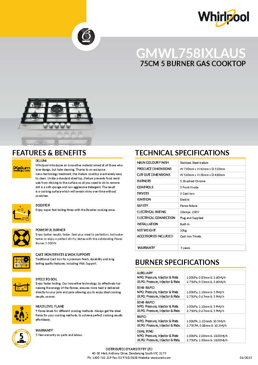 Whirlpool GMWL758IXLAUS 73cm 5 Burner Gas Cooktop In Stainless Steel, i-Xelium