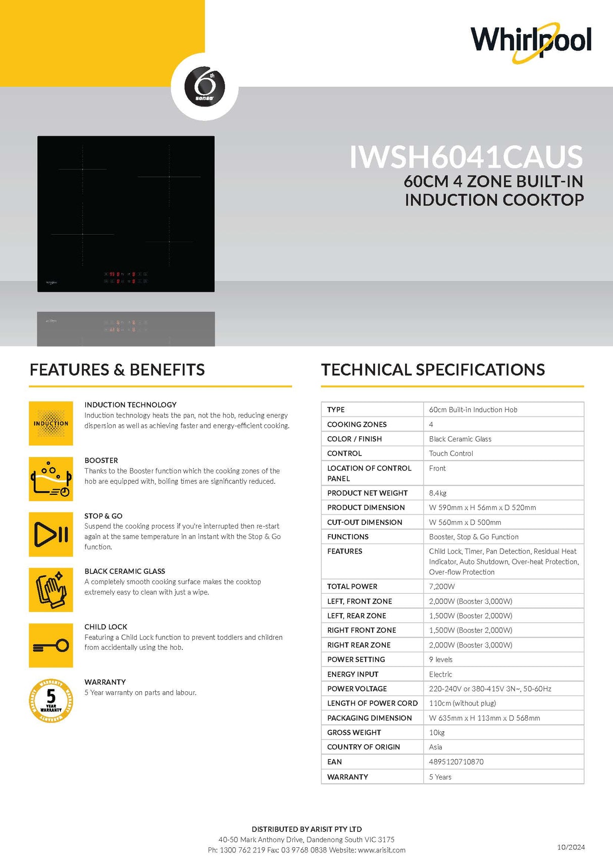 Whirlpool IWSH6041CAUS 60cm 4 Zone Built-In Induction Cooktop