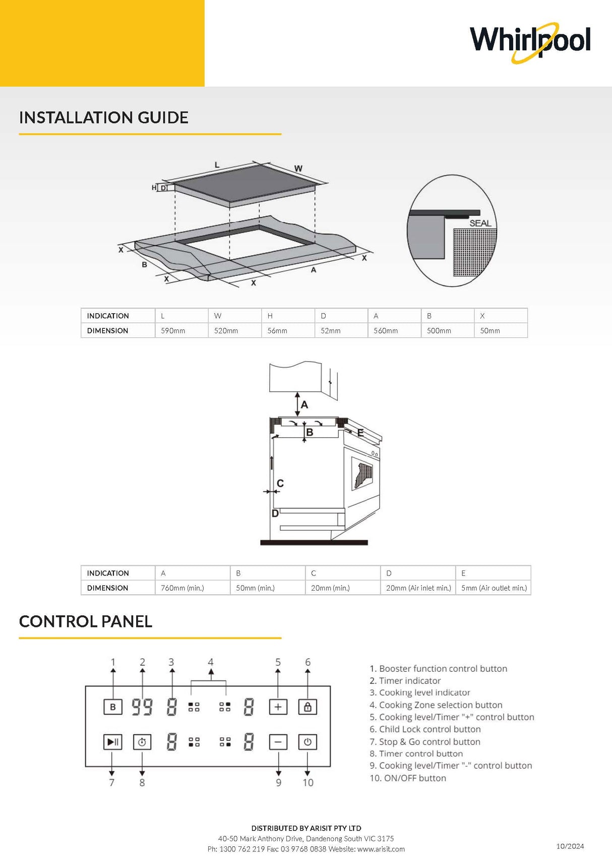 Whirlpool IWSH6041CAUS 60cm 4 Zone Built-In Induction Cooktop
