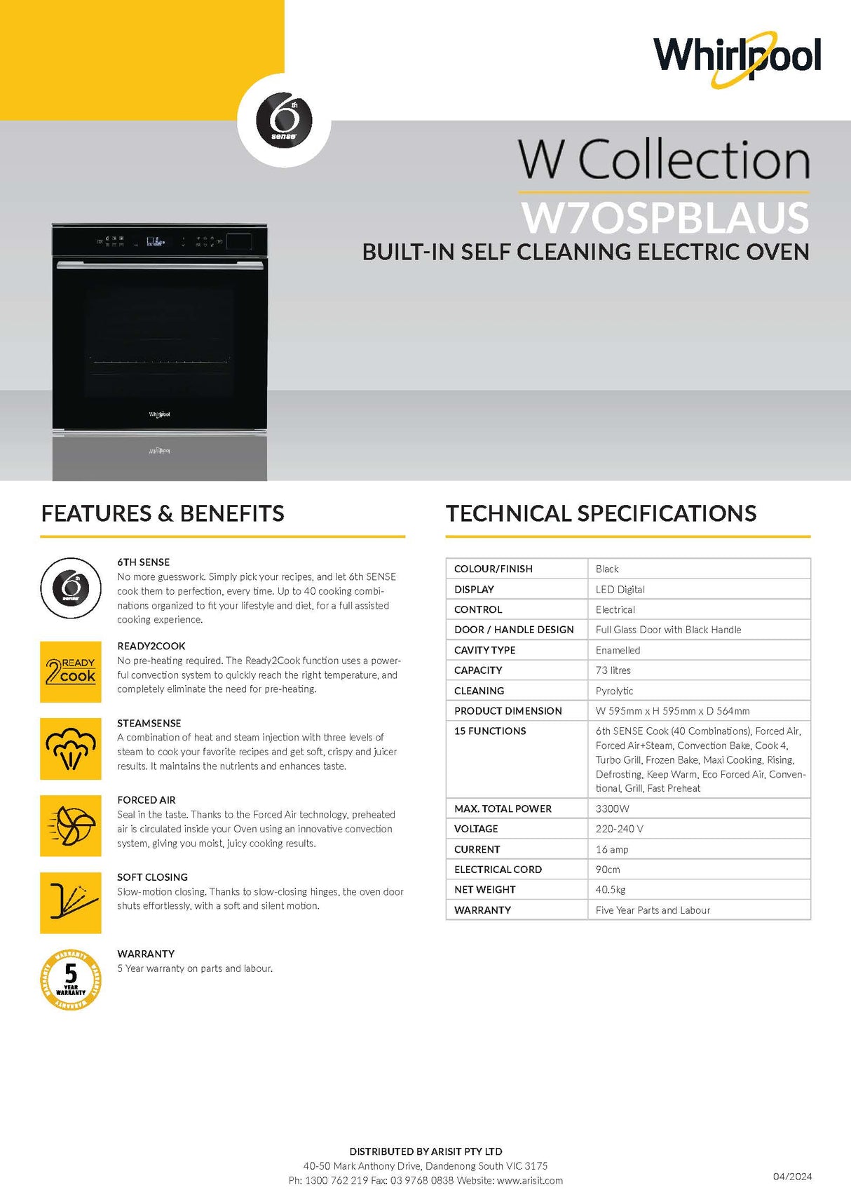 Whirlpool W7OSPBLAUS 60cm Multi-Function Pyrolytic Electric Oven in Black