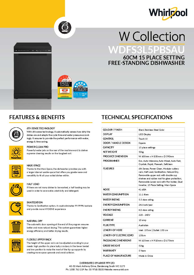 Whirlpool WDFS3L5PBSAU Power Clean Maxi-Tub 15 Place Setting Freestanding Dishwasher In Black