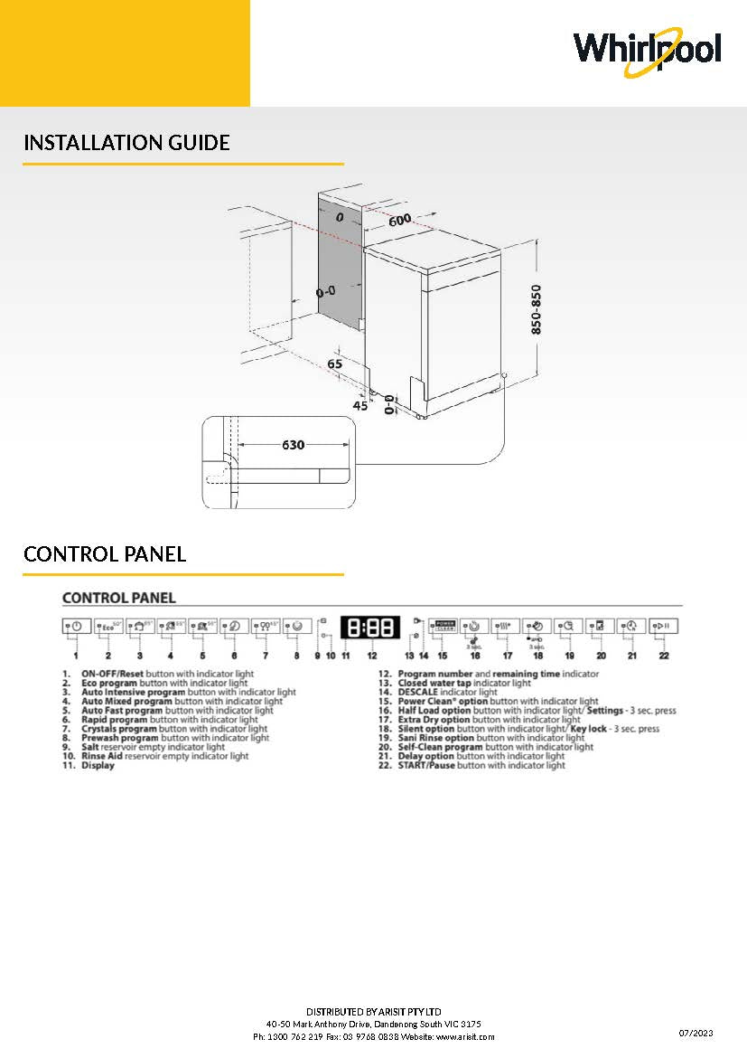 Whirlpool WDFS3L5PBSAU Power Clean Maxi-Tub 15 Place Setting Freestanding Dishwasher In Black