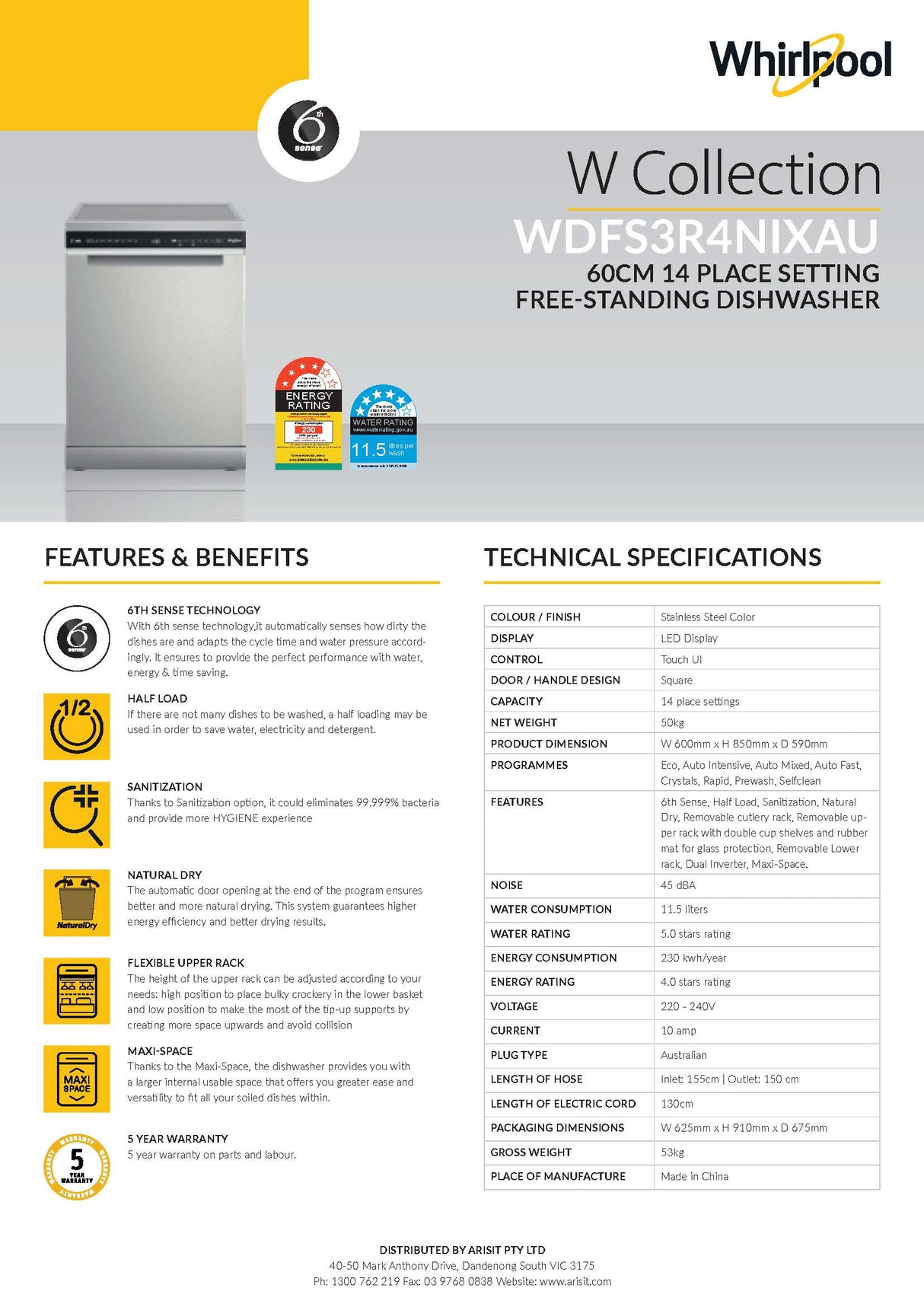 Whirlpool WDFS3R4NIXAU Power-Clean Maxi-Tub 14 Place Setting Freestanding Dishwasher in Stainless Steel