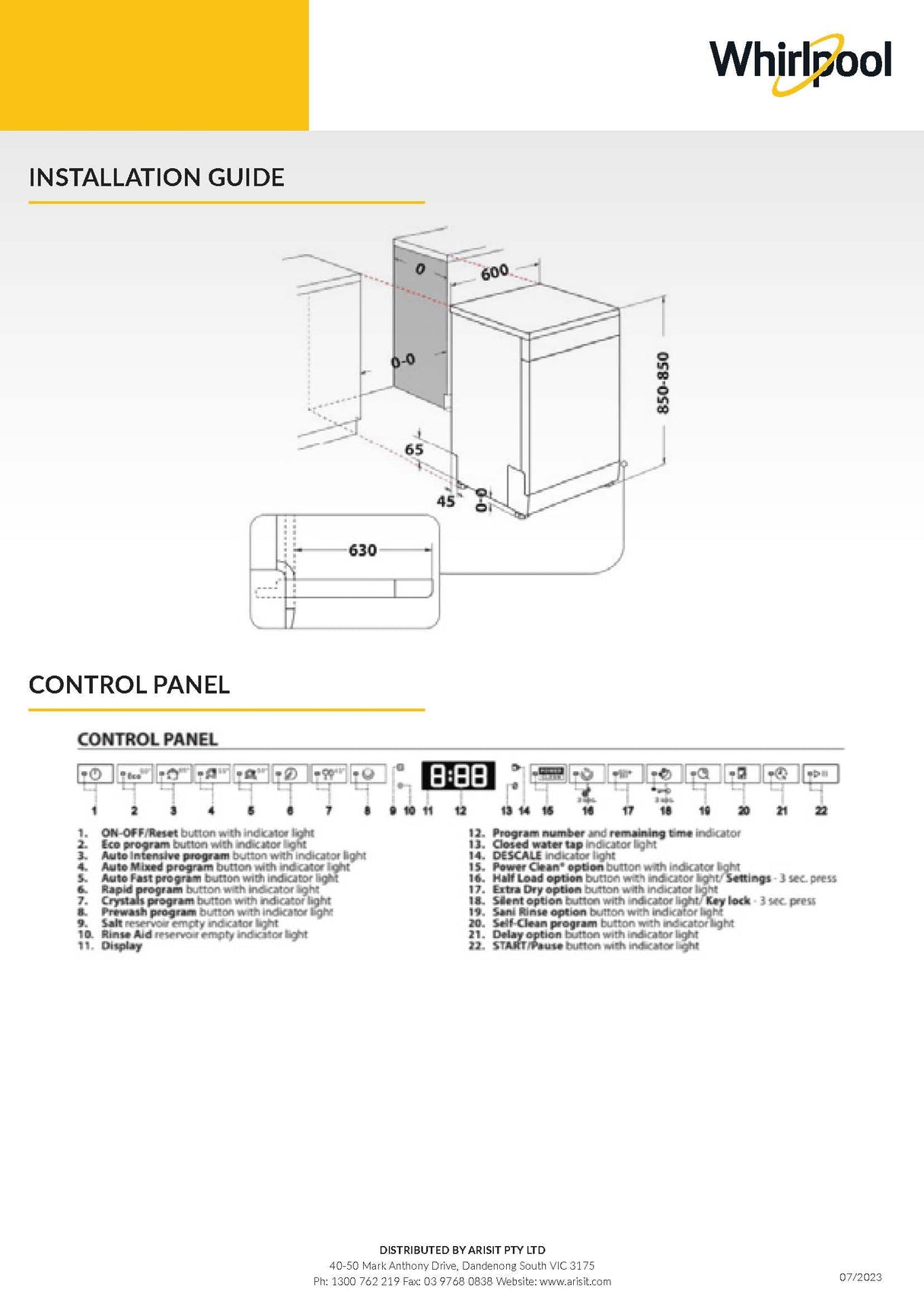 Whirlpool WDFS3R4NIXAU Power-Clean Maxi-Tub 14 Place Setting Freestanding Dishwasher in Stainless Steel