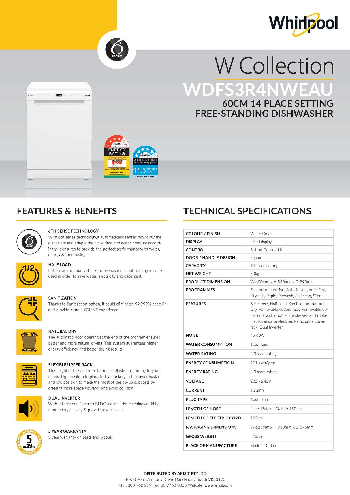 Whirlpool WDFS3R4NWEAU Maxi-Tub 14 Place Setting Freestanding Dishwasher in White