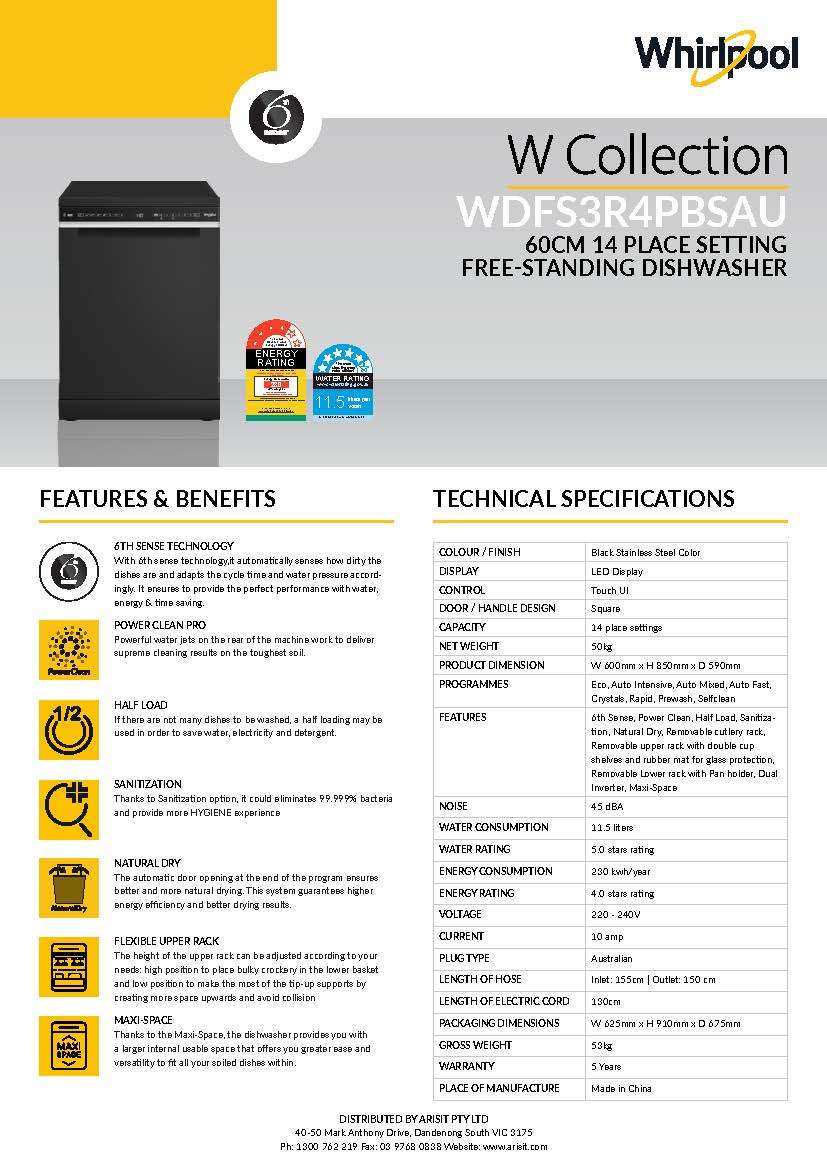 Whirlpool WDFS3R4PBSAU 60cm Power Clean Pro Maxi Tub 14 Place Setting Free Standing Dishwasher - Black