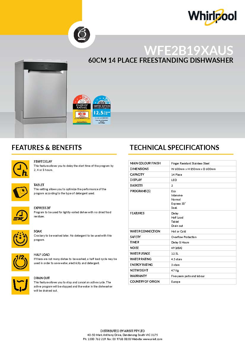 Whirlpool WFE2B19XAUS 5-Program Dishwasher In Stainless Steel