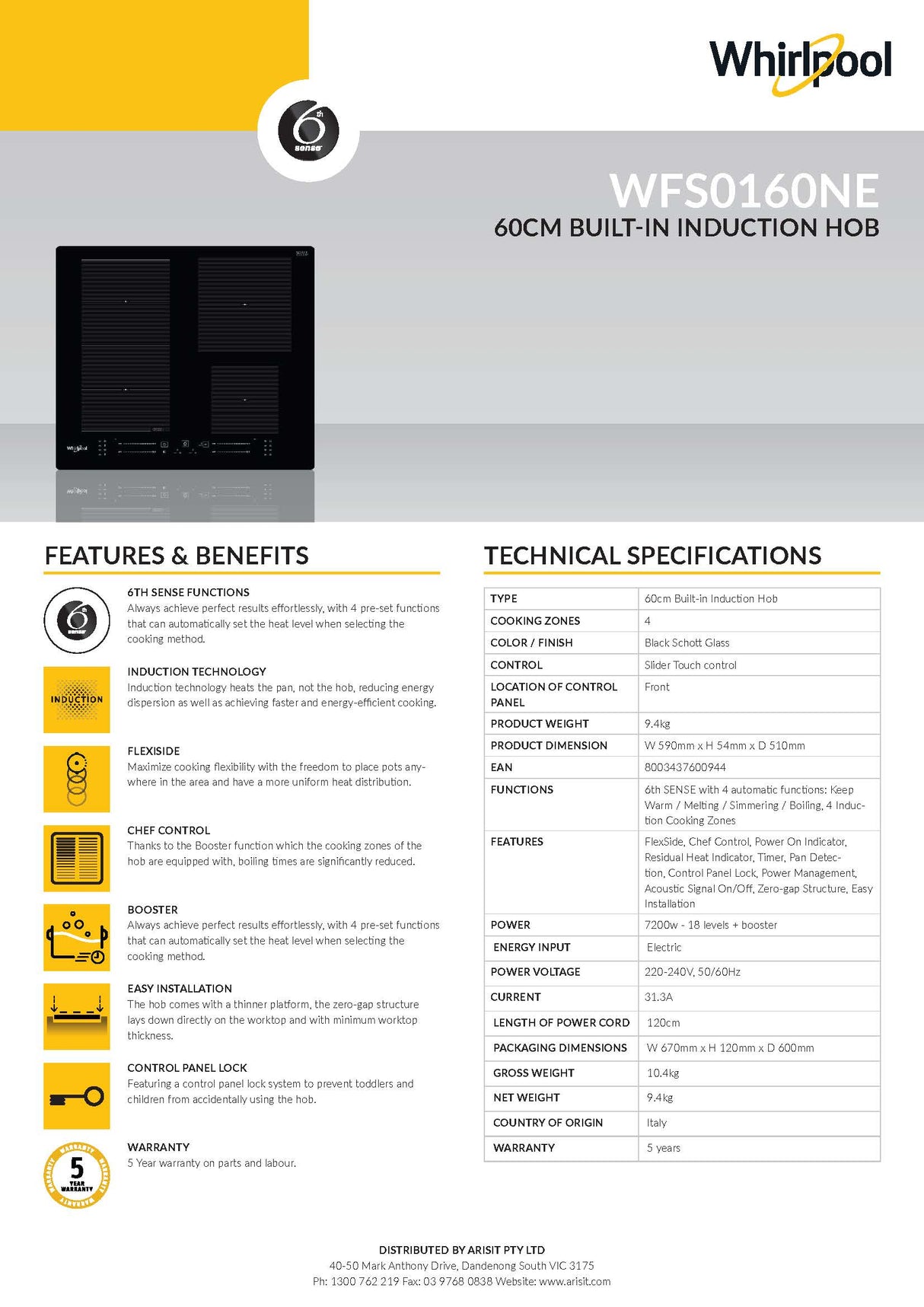 Whirlpool WFS0160NE 60cm Built In Induction Cooktop with Flexi Zone