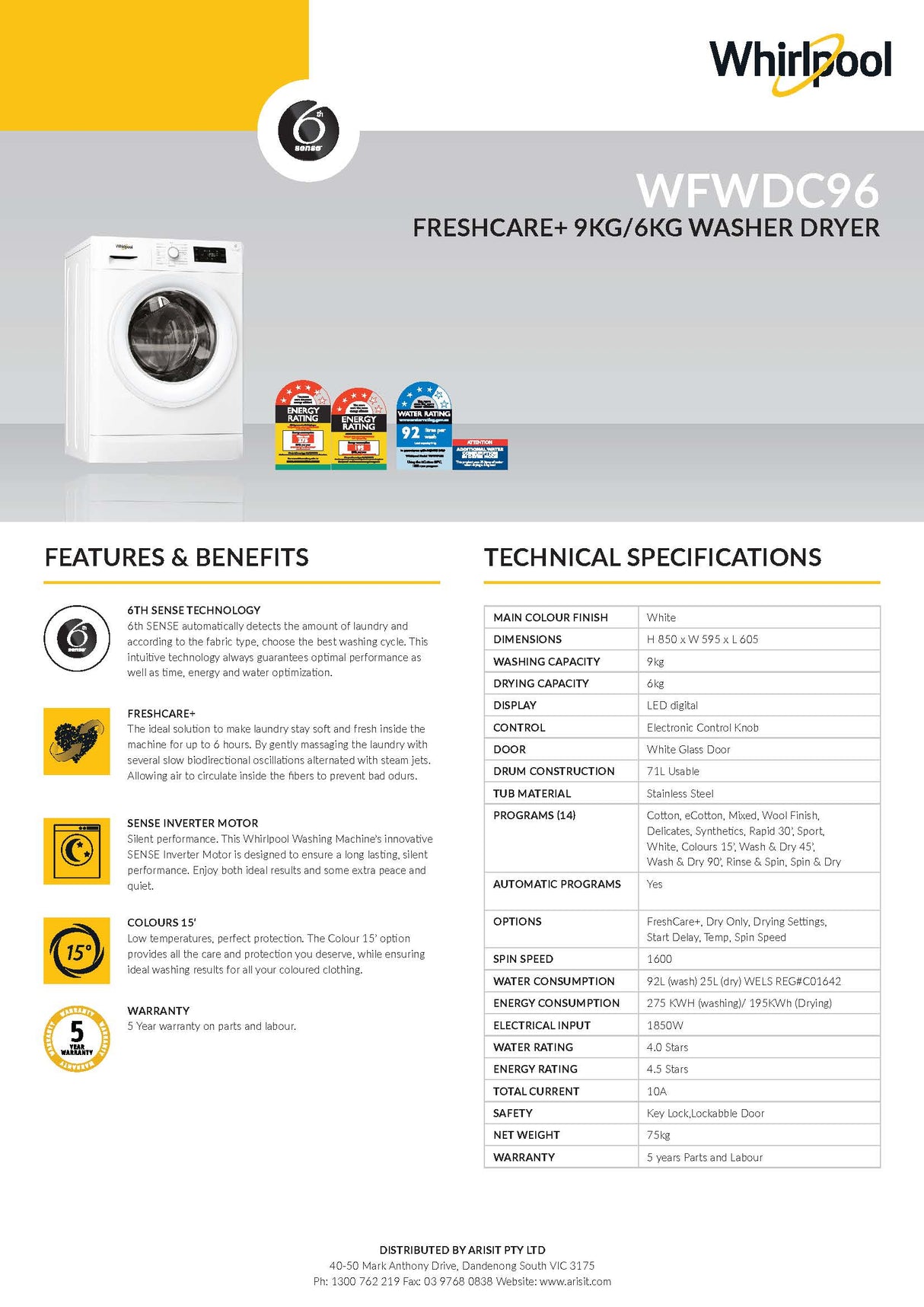 Whirlpool WFWDC96 9kg/6kg Washing Machine and Dryer Combo
