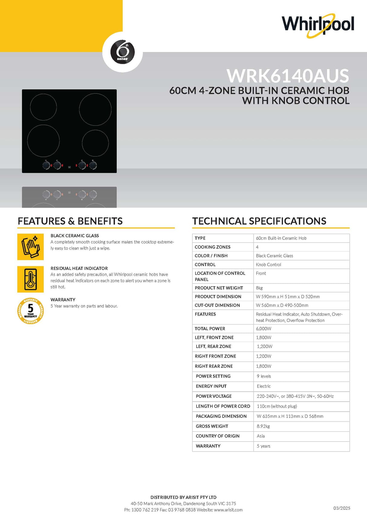 Whirlpool WRK6140AUS 60cm 4 Zone Built In Ceramic Cooktop with Knob Control