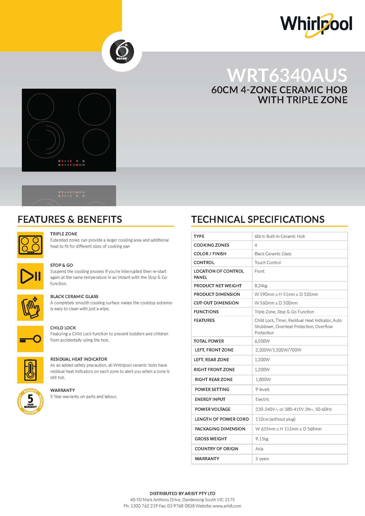 Whirlpool WRT6340AUS 60cm 4 Zone Ceramic Cooktop with Triple Zone