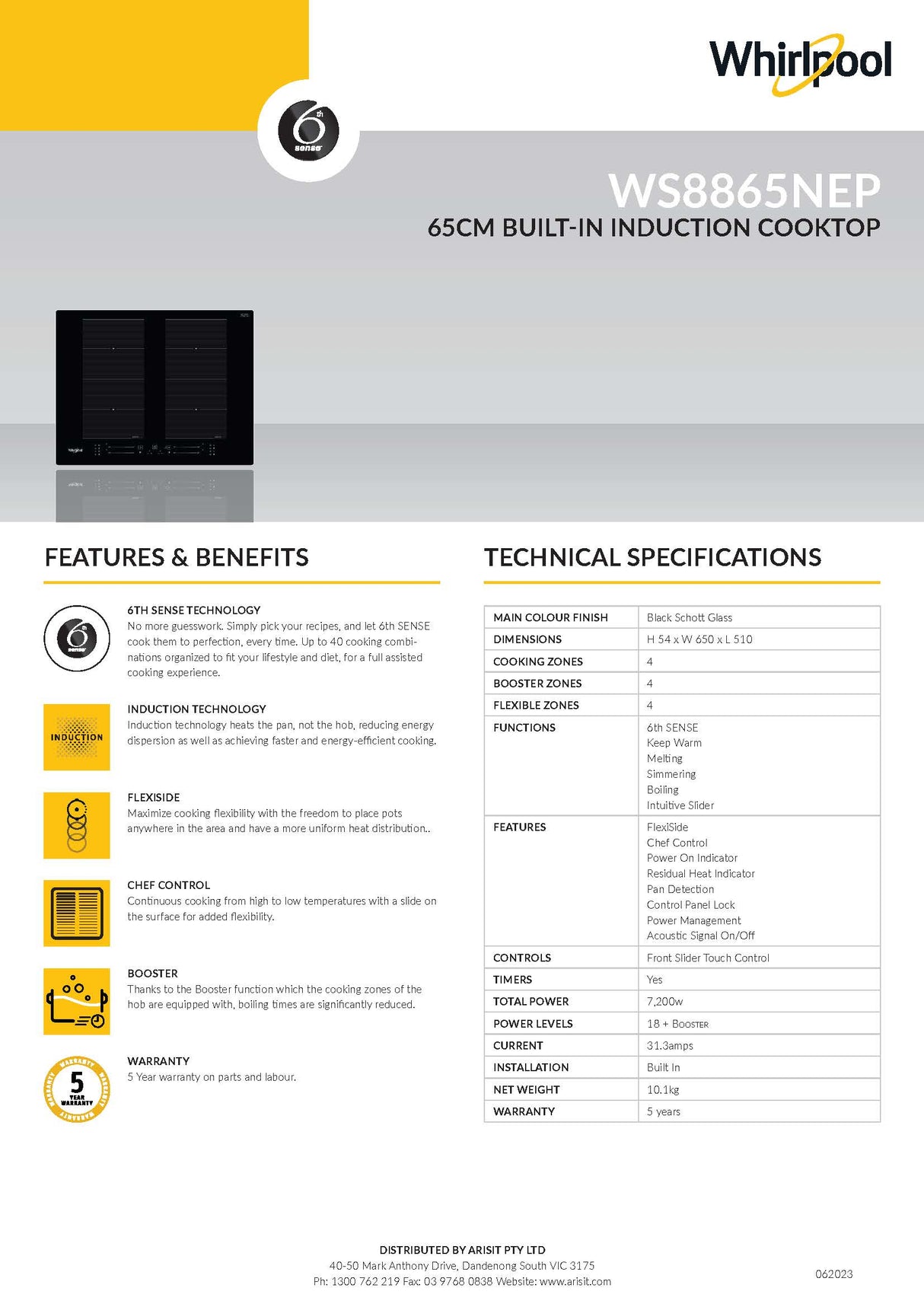 Whirlpool WS8865NEP 65cm 4 Zone 6th Sense Induction Cooktop with Flexi Zones