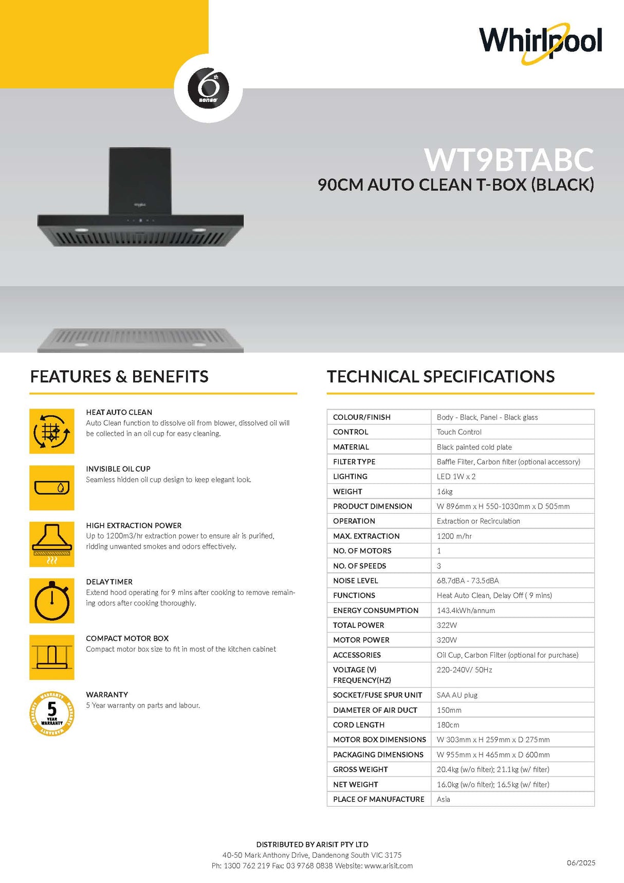 Whirlpool WT9BTABC 90cm Auto Clean T-Box Canopy Rangehood