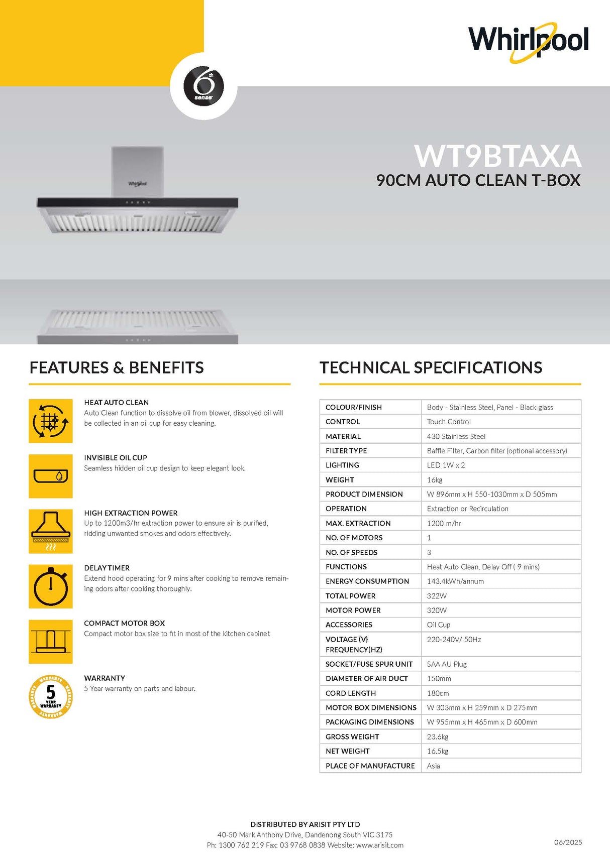 Whirlpool WT9BTAXA 90cm Auto Clean T-Box Canopy Rangehood Stainless Steel