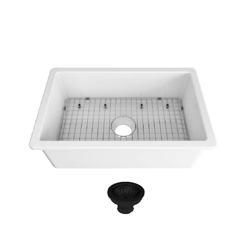 Seima 192532 Odessa 760 Ceramic Butler Sink, Single Bowl, 760x480mm Abovemount/Undermount, White Gloss with Black Basket Waste & Grid