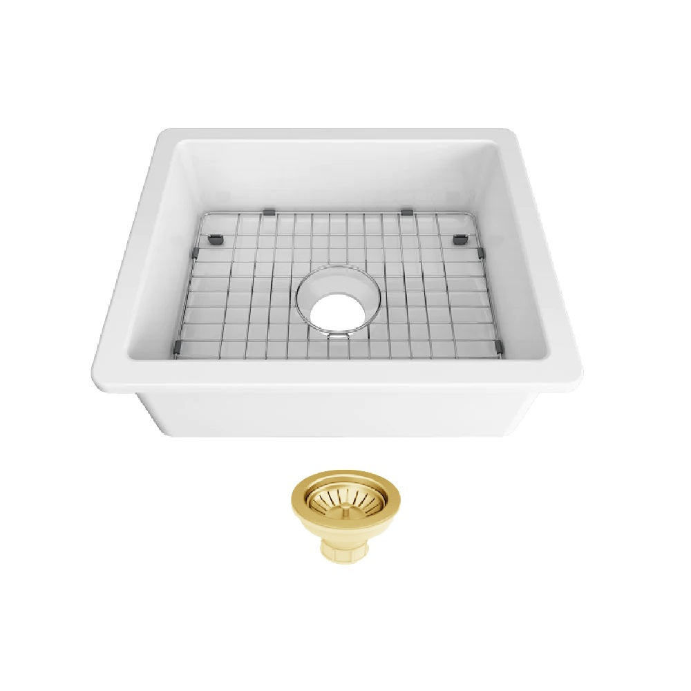 Seima 192521 Odessa 560 Ceramic Butler Sink, Single Bowl, 565x460mm Abovemount/Undermount, White Gloss with Brushed Gold Basket Waste & Grid
