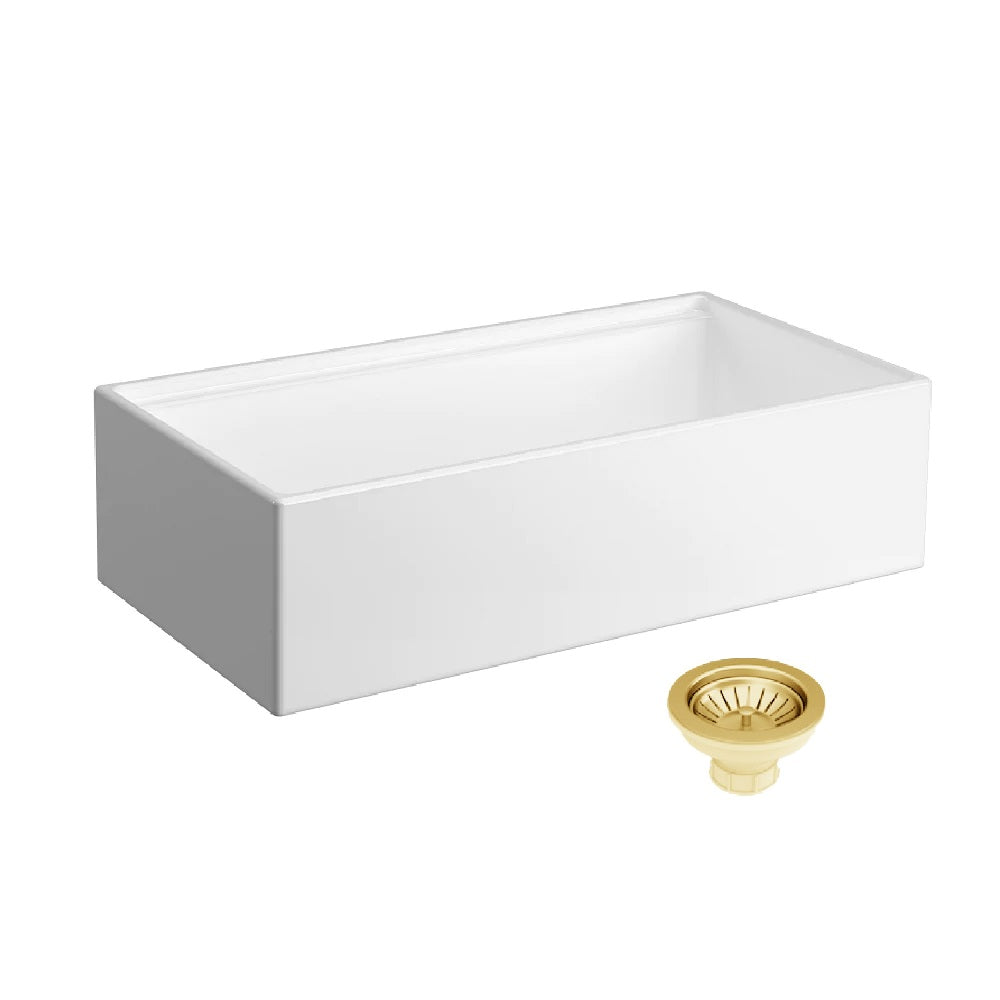 Seima 192526 Odessa 920 Ceramic Butler Sink, Single Bowl, 915x485mm Workstation, White Gloss with Brushed Gold Basket Waste & Grid