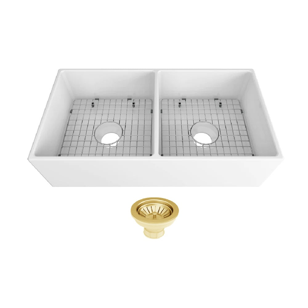 Seima 192525 Odessa 915 Ceramic Butler Sink, Double Bowl, 915x485mm Apron Front, White Gloss with Brushed Gold Basket Waste & Grid