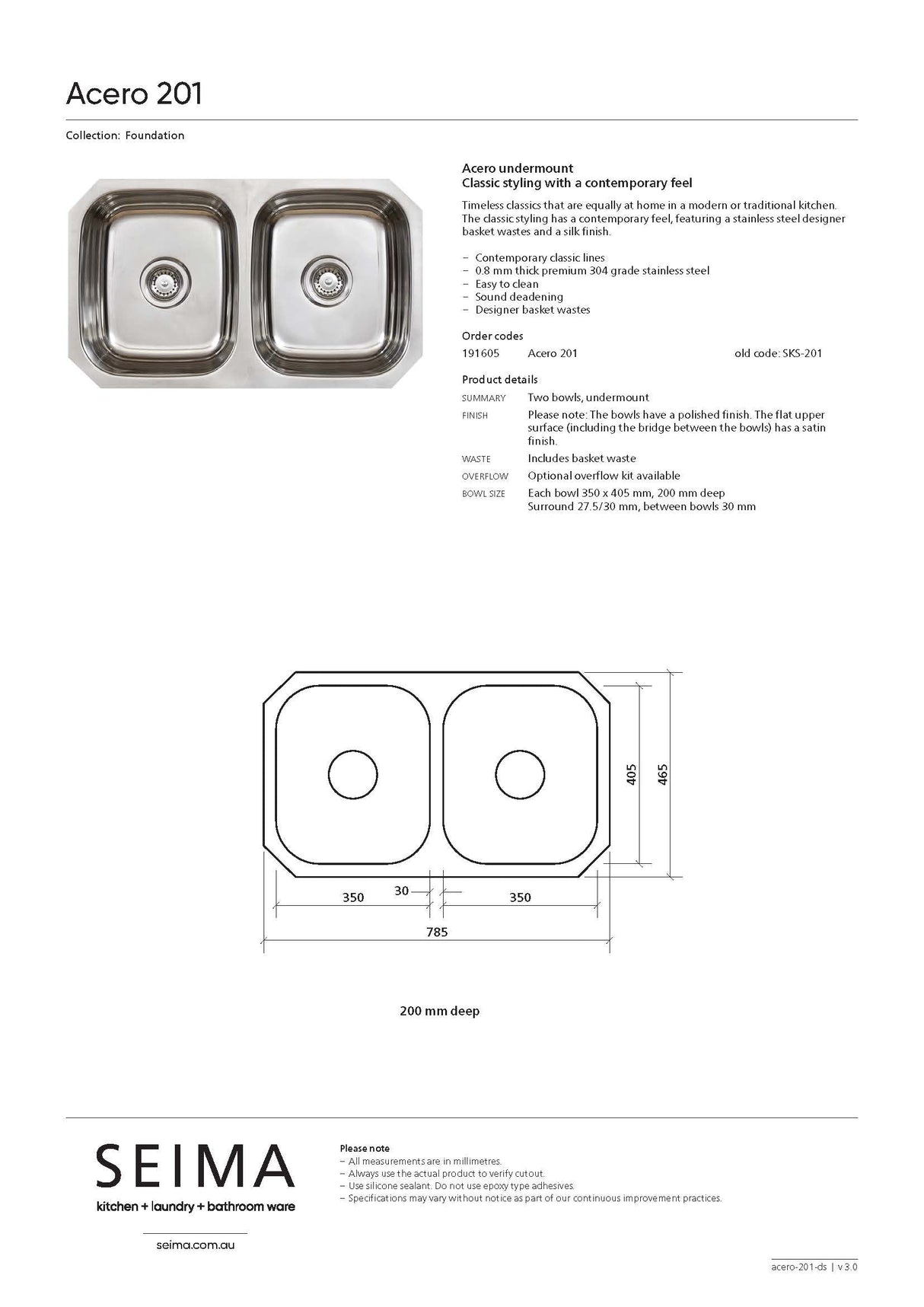 Seima 191605 Acero 210 Double Bowl Sink, No Taphole