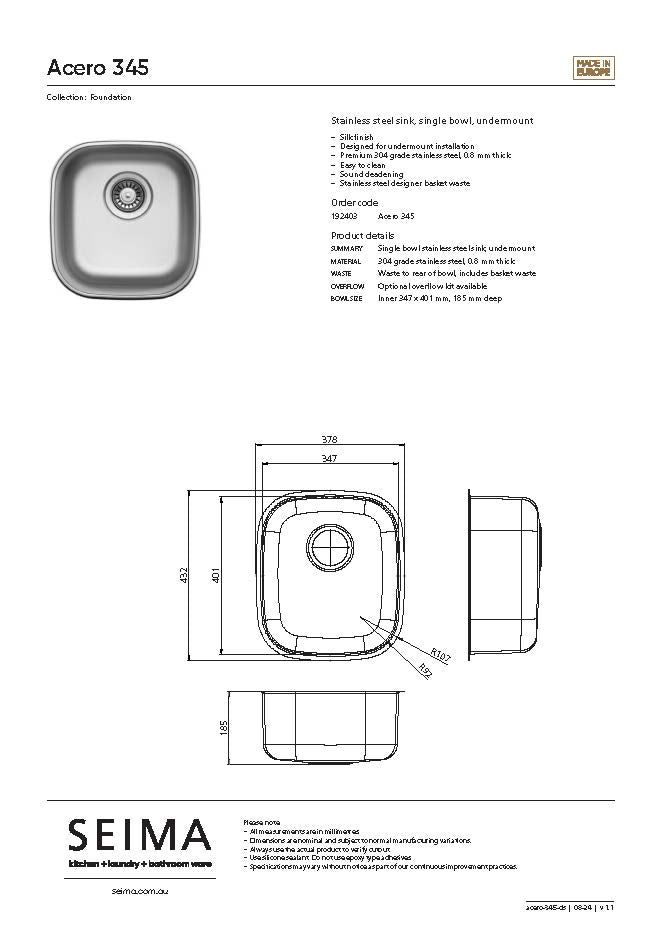 Seima 192403 Acero 345 Sink, Undermount, Stainless Steel
