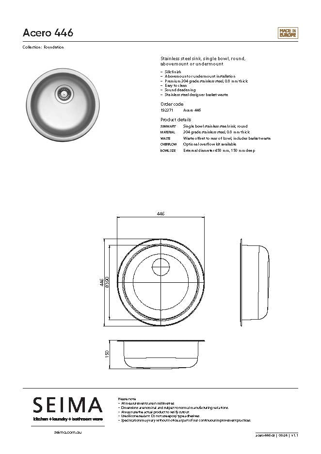 Seima 192371 Acero 446 Sink, Abovemount or Undermount, Stainless Steel