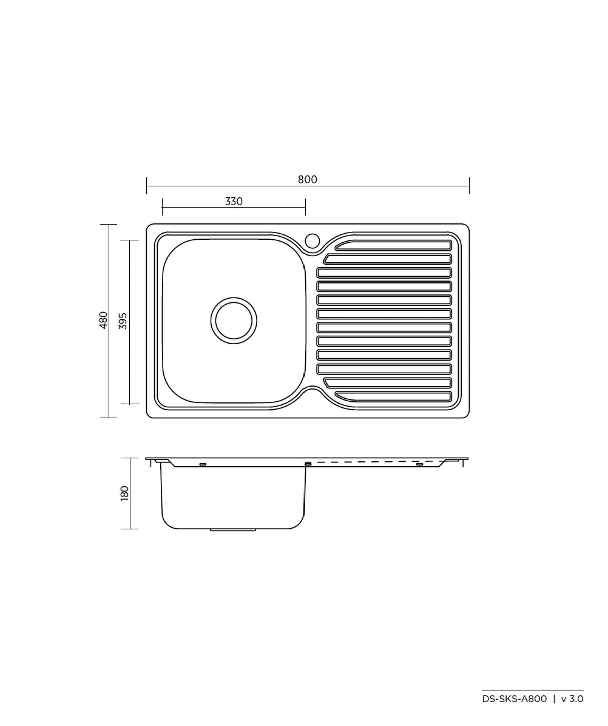 Seima 191625 Acero 800 Single Bowl Sink, Abovemount (No taphole), Right Drainer Stainless Steel, 800x480mm