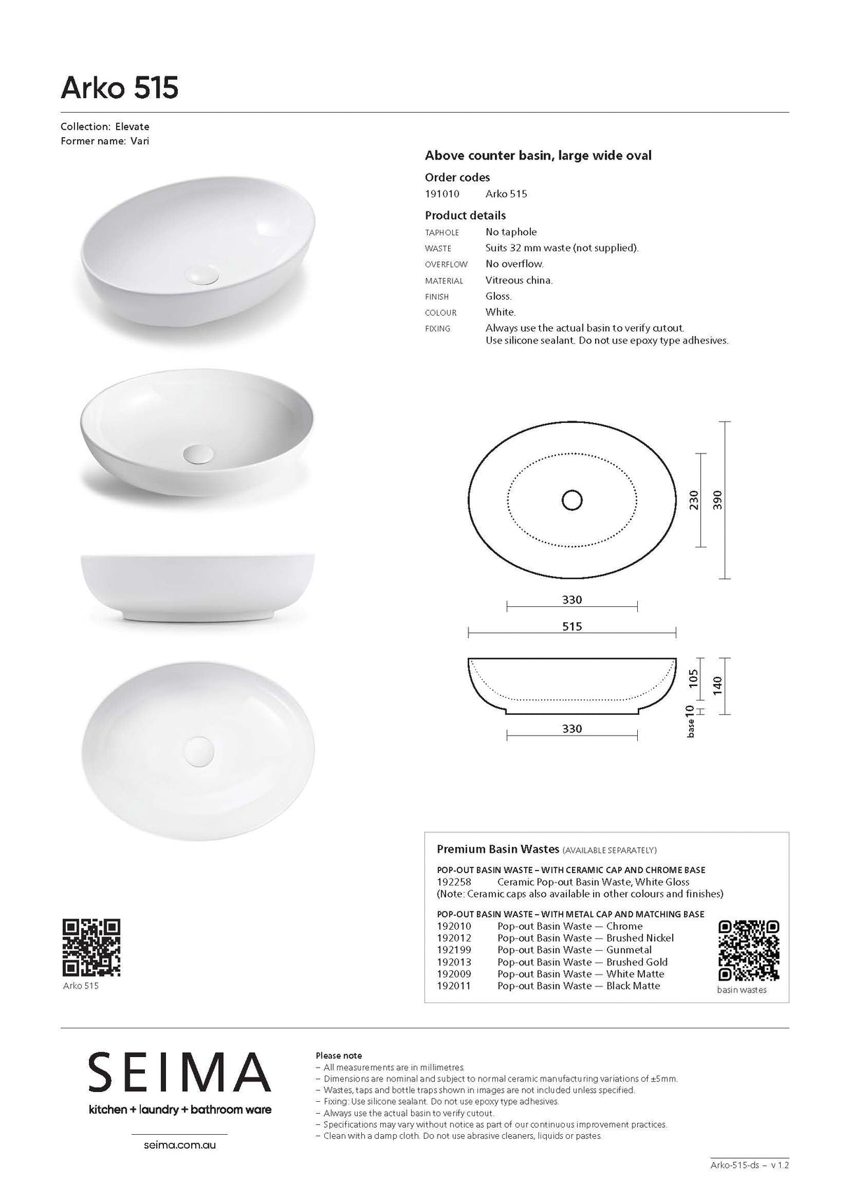 Seima 191010 Arko Above Counter Basin, White, No Taphole