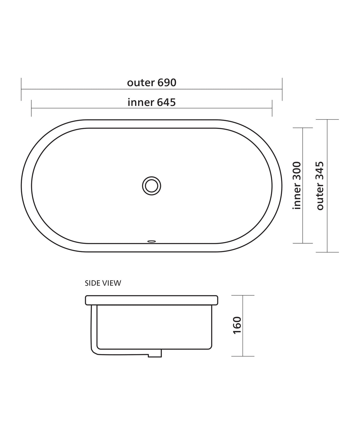 Seima 192630 Arko 680 Undermount Super Ellipse Basin with Overflow, 680x345mm (No Taphole) Gloss White