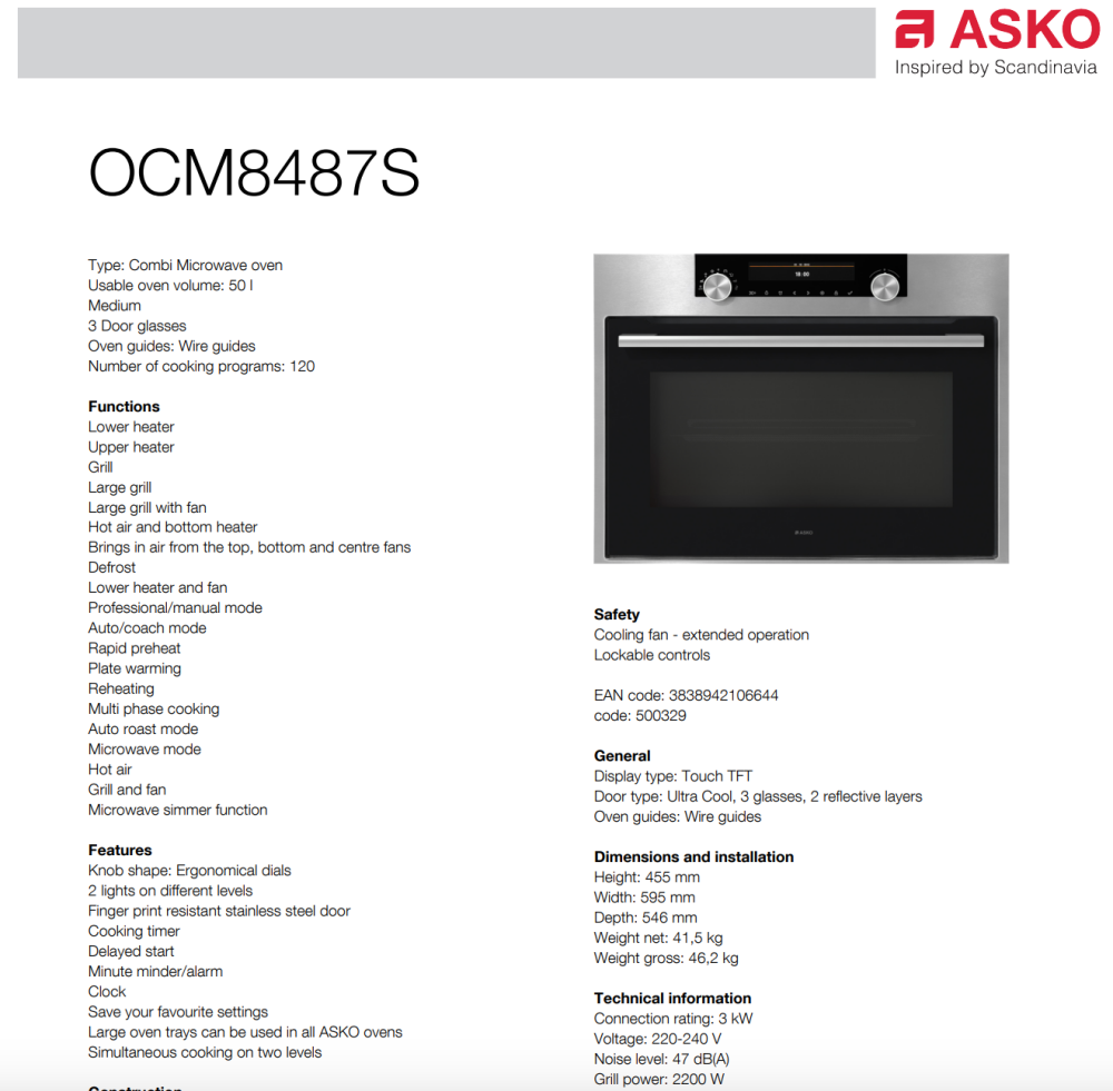 ASKO 45x60cm Compact Combi-Microwave Oven OCM8487S - ASKO Seconds Discount - Compact Built In Appliances