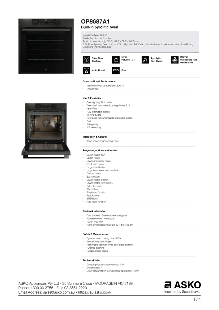 ASKO 60cm Pyrolytic Built-In Craft Oven Graphite Black OP8687A1 - ASKO Factory Seconds - Electric oven