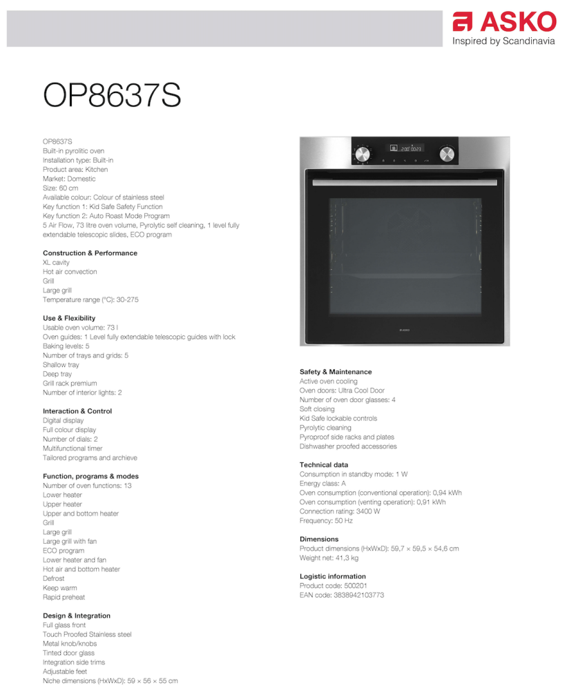 ASKO 60cm Pyrolytic Craft Built-In Oven Stainless Steel OP8637S - ASKO Factory Seconds - Electric oven
