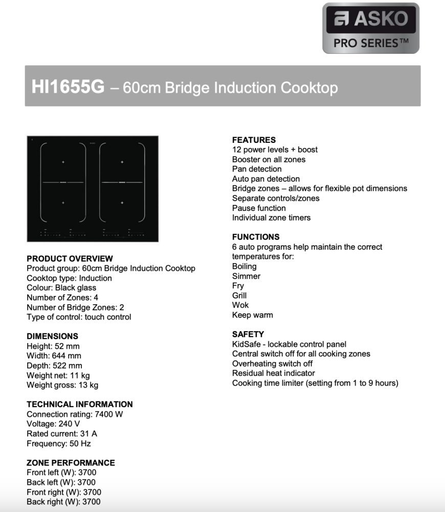 ASKO 65cm Pro Series Induction Cooktop HI1655G - ASKO Factory Seconds - Induction Cooktop