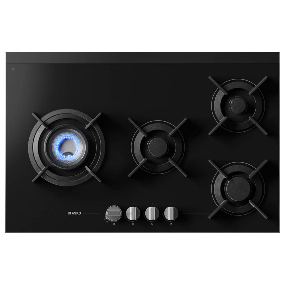 Asko 80cm Hob Gas 4 Burner Volcano Cooktop Black Glass HG8843BGD1 - ASKO Factory Seconds - Gas Cooktop