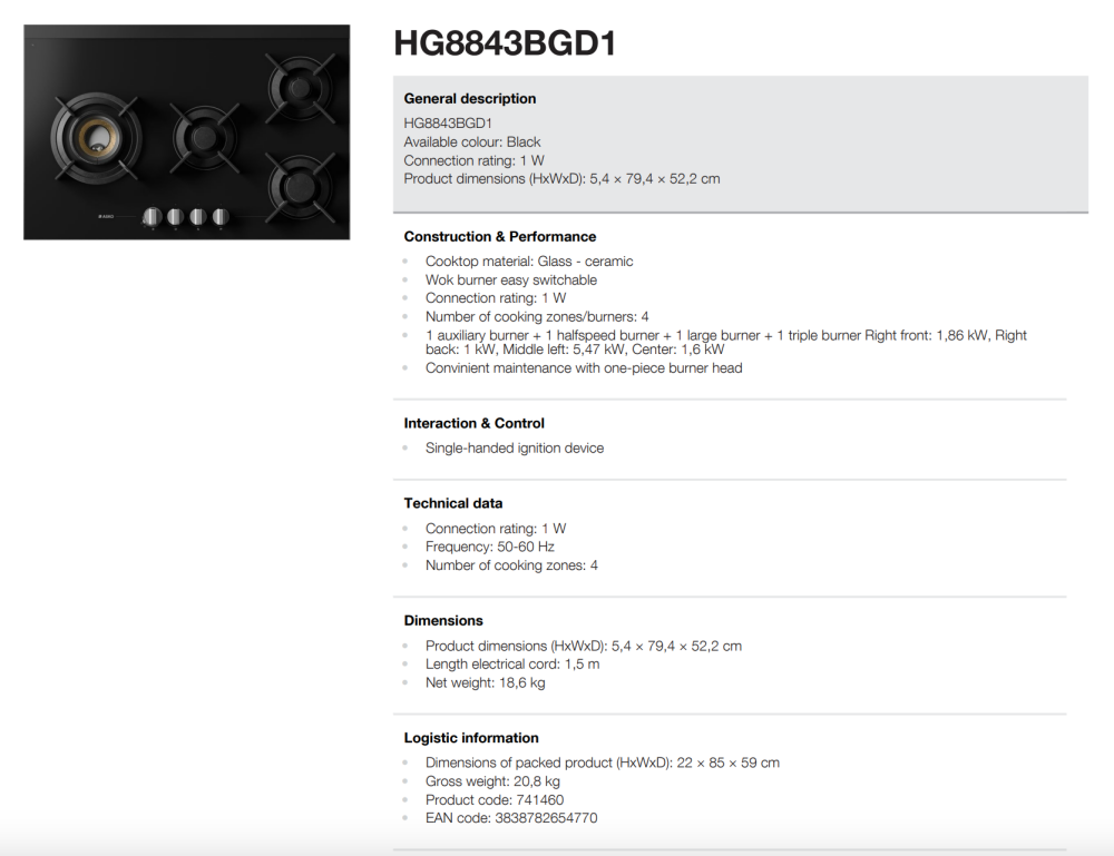 Asko 80cm Hob Gas 4 Burner Volcano Cooktop Black Glass HG8843BGD1 - ASKO Factory Seconds - Gas Cooktop