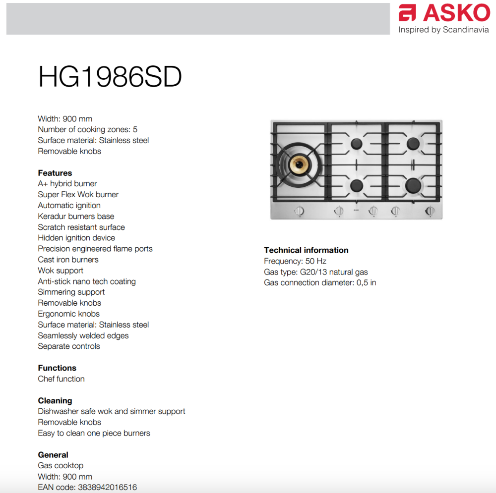 ASKO 90cm Natural Gas Cooktop with Super Flex Wok Burner Stainless Steel HG1986SD - ASKO Factory Seconds - Gas Cooktop